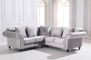 Luxury Light Grey Velvet Chesterfield L Shape Corner Sofa with Classic Styling - UK Luxury Furniture